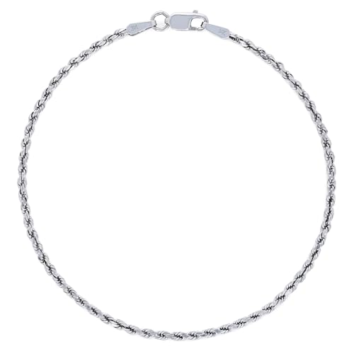 Nuragold 14k Real White Gold 2mm Rope Chain Diamond Cut Bracelet (7"-9") - 8.5"