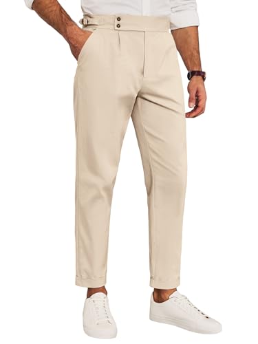 Runcati Mens Chinos Cotton Pants Slim Fit Pleated Front Dress Pants Casual Stretchy Tapered Trousers Apricot