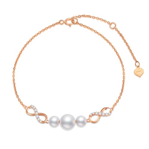 SISGEM 10k Rose Gold Created Moissanite and Freshwater Cultured Pearl Infinity Bracelet for Women, Real 14kt Gold Love Jewelry Gifts for Her, 6.8"-8.4"