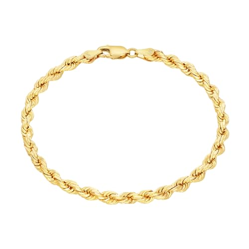 Nuragold 14k Real Yellow Gold Rope Chain Diamond Cut Italian Bracelet - 4mm - 8"