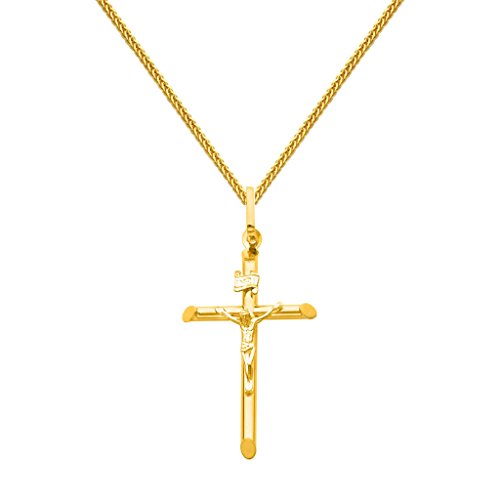 The World Jewelry Center 14k Real Yellow Gold Crucifix Cross Pendant with 1mm Braided Square Wheat Chain Necklace - 20"