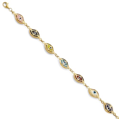 14k REAL Yellow Gold Multi Color Evil Eye Bracelet - 7.5"
