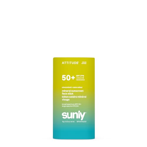 ATTITUDE Face Sunscreen Stick SPF 50, Broad Spectrum Zinc Oxide, EWG Verified, Non-Nano, Lightweight Non-Greasy, Vegan, Unscented, 0.53 oz