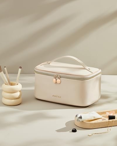 Prite Makeup Bag Travel Cosmetic Case, Women Toiletry Bag Organizer, Beige