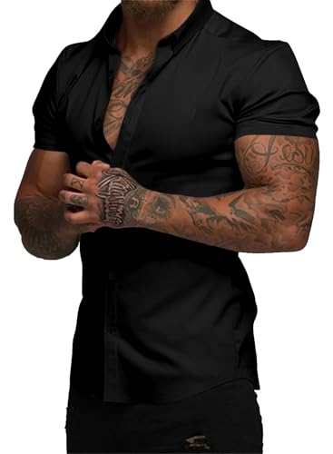 JMIERR Muscle Dress Shirts for Men Muscle Fit Stretch Casual Button Down Short Sleeve Wrinkle-Free Shirt,M,Black