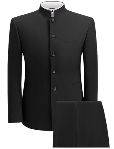 2 Piece Men's Chinese Suit Chinese Stand Collar Slim Fit Suits Front Button Blazer Pant Set,Black-L