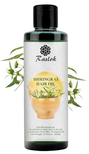 Raslok Bhringraj Hair Oil 6.76 fl oz –200ml | Ayurvedic Botanical Blend with Amla, Neem, Hibiscus & Brahmi | Cold-Pressed | Non-GMO | No Mineral Oil | Made in India