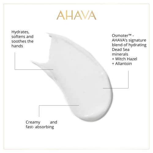 AHAVA Dead Sea Water Mineral Hand Cream - Hand Moisturizer For Dry Cracked Hands, Light & Fast Absorbing, Enriched with Exclusive blend Osmoter, Smoothing Witch Hazel & Soothing Allantoin, 3.4 Fl.Oz