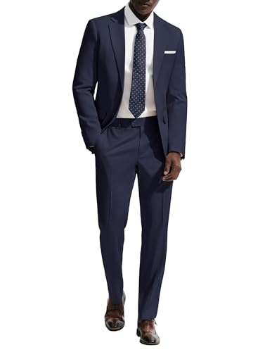 PJ PAUL JONES Mens Casual Suit Sets 2 Piece Classic Fit Suits Two Button Dress Suit Jackets Business Party Wedding Navy Blue, Large