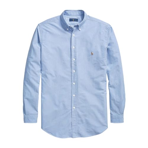 Men's Long Sleeve Classic Iconic Oxford Shirt Solid Fit for Business Casual,Iconic Pony Embroidery on The Chest,Fast 3-Day Delivery Vintage Blue