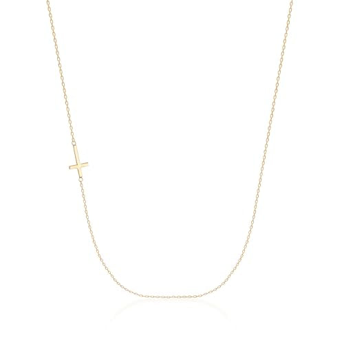 Golden Planet 10K Solid Gold Sideways Cross Necklace in 18" for Women | Simple Dainty Small Cross Pendant Charm Chain Necklace | Baptism Religious Faith Fine Gold Jewelry