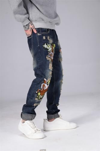Enrica Men's Straight Slim Fit Ripped Distressed Jeans with Embroidered Patches Pants, Blue 0795, 38