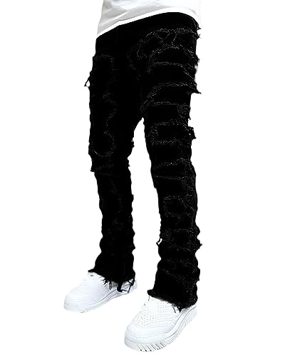 Conshvi Men's Slim Fit Stretch Jeans Distressed Patchwork Stacked Frayed Straight Leg Skinny Denim Pants,Black,Medium