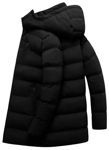 CTFASHION Mens Winter Coats Long Bubble Jacket Quilted Puffer Jackets Warm Thick Insulated Windproof Outdoor Padded Parka Coat Hooded Waterproof Thicken Puffy Down Windbreaker Black L