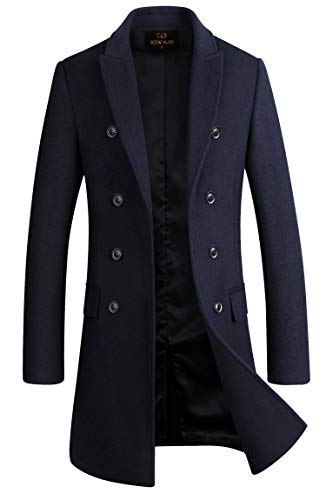HXW.GJQ Men's Premium Wool Blend Double Breasted Long Pea Coat (as1, alpha, l, regular, regular, Navy Blue)