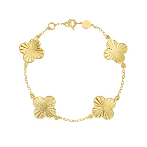 Floreo 14k Yellow Gold 14.5mm Radiating Clover Charm Cable Link Bracelet, Adjustable 6.5" - 7.25 Inch