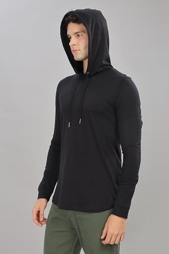 Klizzer Luxury Lightweight Black Hoodie Men 100% Cotton Hooded Long Sleeve T-Shirt Hoodie, Plain Solid Casual Streetwear Gym Fitness Shirt, Comfortable wearing in Summer and Winter - Medium