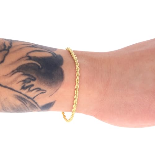 Nuragold 10k Real Yellow Gold Rope Chain 3mm Diamond Cut Bracelet or Anklet - 7"