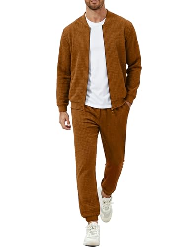 UOUA Men's Tracksuit 2 Piece Sets Jogging Suit Casual Running Sweatsuit with Full Zip Athletic Jackets and Pants Sports Outfits Brown M