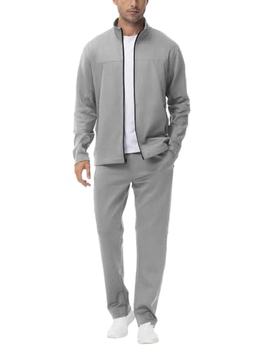 BGOWATU Men's Tracksuits 2 Piece Running Sports Sweatsuits For Men Full Zip Athletic Jackets and Pants Outfits Light Gray 2X