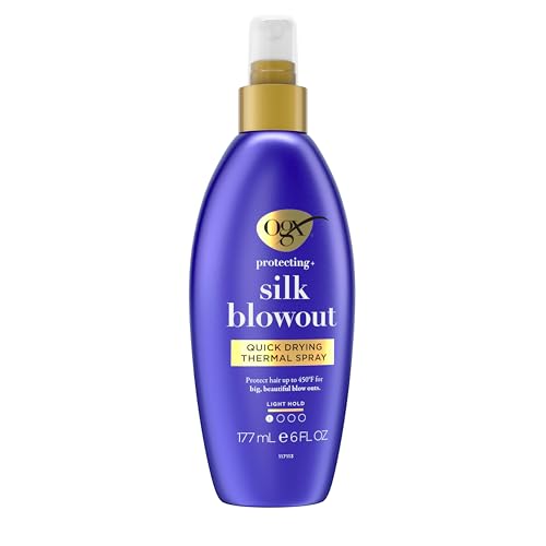 OGX Protecting + Silk Blowout Quick Drying Thermal Protection Spray, Heat Protectant Spray Shields Hair up to 450°F For Soft, Shiny Hair and Big, Beautiful Blowouts, Light Hold, 6 fl. oz
