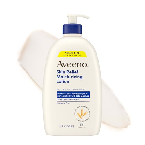 Aveeno Skin Relief Moisturizing Body Lotion Heals Very Dry, Sensitive Skin, Fast-Absorbing Lotion with Soothing Triple Oat & Shea Butter Formula, Fragrance Free Lotion, Non-Comedogenic, 33 Fl Oz