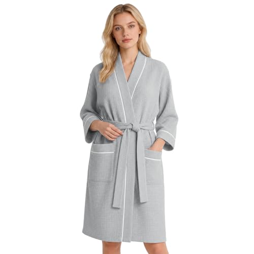 Inner Wish Women's Cotton Waffle Kimono Robe, Lightweight Quick Dry Spa Shower Robe with Pockets, GREY, M