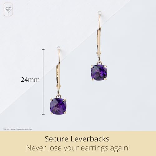 Solid 10K Yellow Gold Cushion Cut Ruby Dangle Earrings | 6mm Gemstone July Birthstone Red Dangle Earrings | Checkerboard 10 Karat Gold Leverback Earring for Women by MAX + STONE