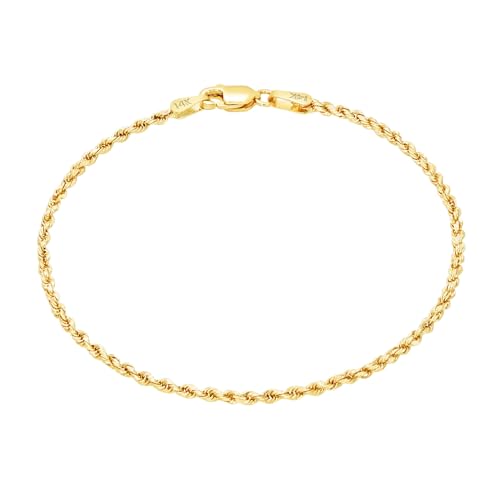 Nuragold 14k Real Yellow Gold Rope Chain Solid Diamond Cut Bracelet - 1.5mm - 9"