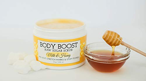 Body Boost Milk & Honey Sugar Scrub 8 oz- Help Prevent Dry Skin, Stretch Marks, and Scars- Pregnancy and Nursing Safe- Allergen Free