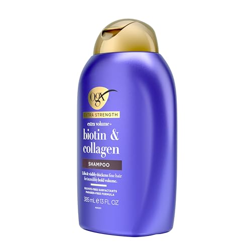 OGX Thick & Full + Biotin Collagen Extra Strength Volumizing Shampoo with Vitamin B7 Hydrolyzed Wheat Protein for Fine Hair. Sulfate-Free Surfactants Thicker, Fuller Hair, 13 Fl Oz