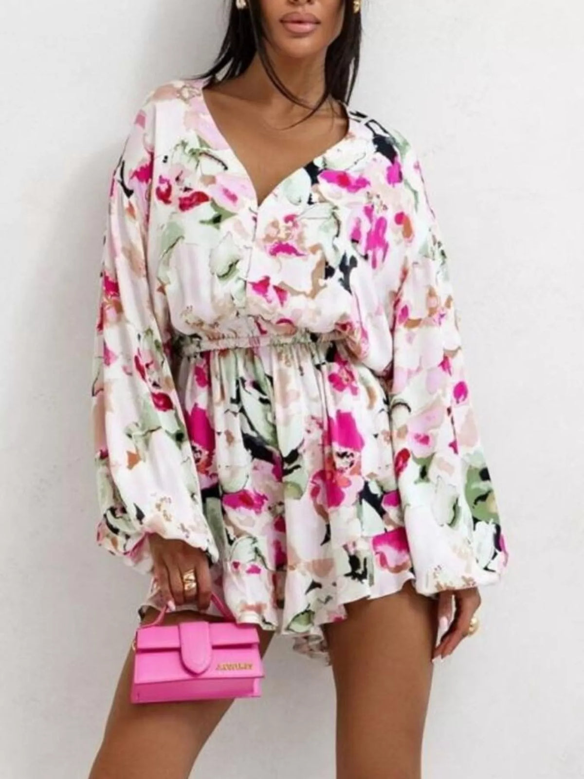 Floral V-Neck Long Sleeve Romper with Elastic Waist