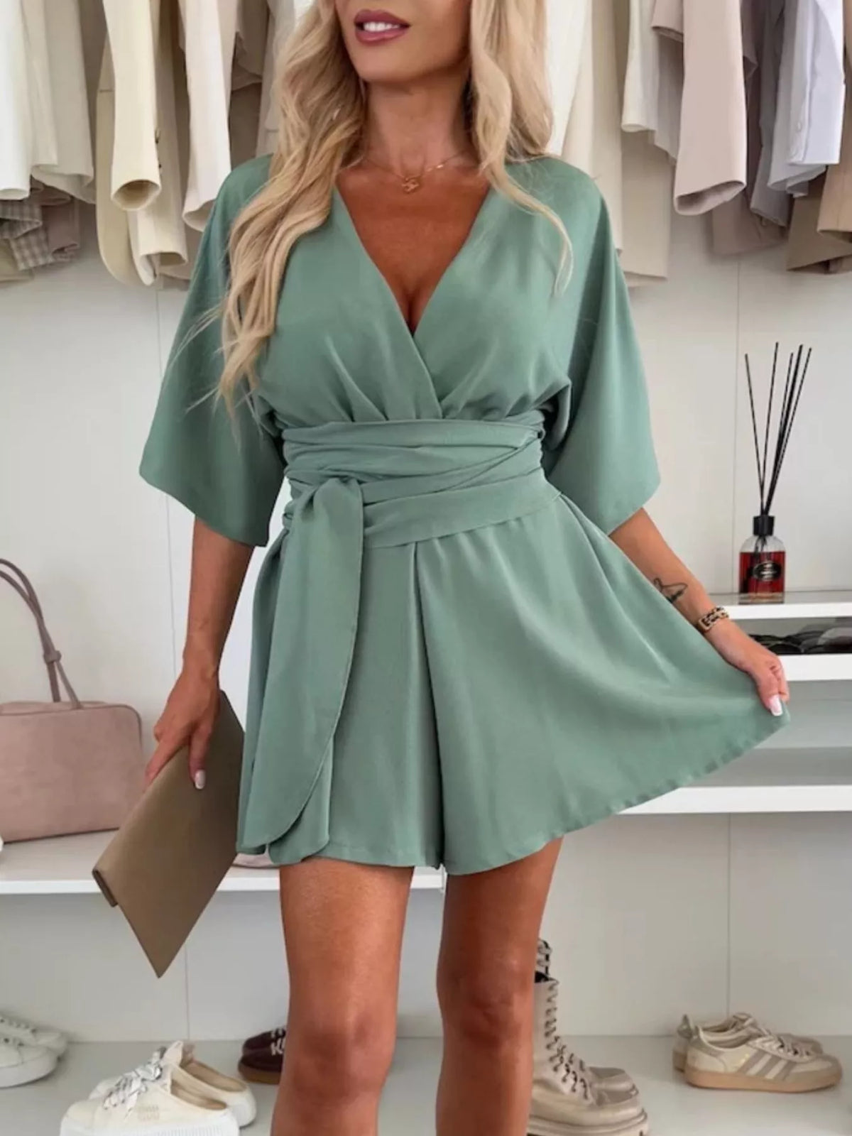 Full Size Surplice Tie Waist Romper Plus Size