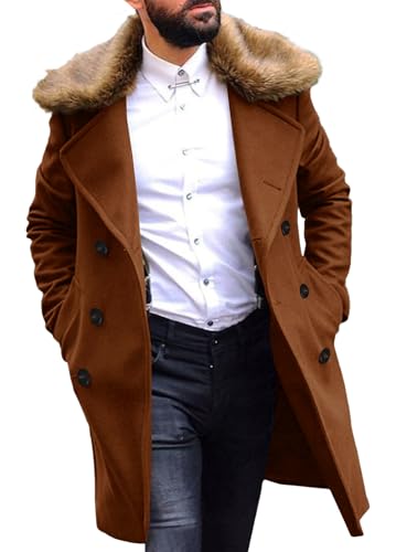 PASLTER Mens Winter Trench Overcoat Removable Faux Fur Collar Top Coat Double Breasted Business Long Pea Coat Brown