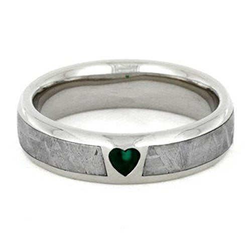 The Men's Jewelry Store (Unisex Jewelry) Created Emerald, Gibeon Meteorite 14k White Gold Ring and Green Box Elder Burl Wood Titanium Band, Couples Ring Set, M13.5-F8