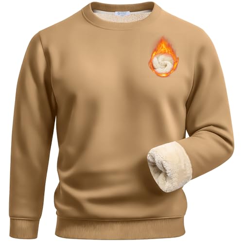 Flygo Men's Warm Sherpa Lined Crewneck Sweatshirts Heavyweight Fleece Pullover Thick Thermal Cotton Sweat-Shirts(Khaki-XL)