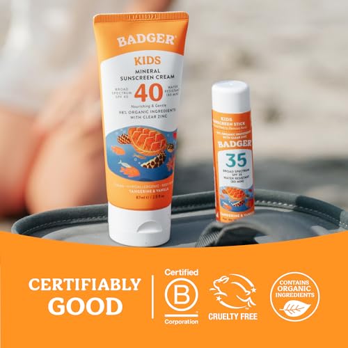 Badger Mineral Kids Sunscreen Face Stick SPF 35, Zinc Oxide Travel Size Sunscreen Stick for Kids, 97% Organic Ingredients, Reef Safe, Water Resistant, .65 oz, 2-Pack