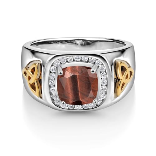 Gem Stone King 2.26 Ct Red Tiger Eye and Lab Grown Diamond Men's Ring | 925 Silver and 10K Yellow Gold | Cushion Cut 8MM | Gemstone Birthstone | Available in Size 7, 8, 9, 10, 11, 12, 13 | Size 9