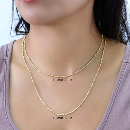 Nuragold 10k Real Yellow Gold Rope Chain Diamond Cut Thin Necklace - 1.5mm - 18"