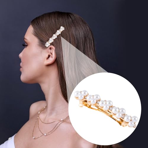 CTEAKOP 2 Pcs Pearl Hair Clips, Pearl-Embellished Barrette, Elegant Rhinestone Pearls Barrettes for Women, Party, Wedding, Daily Use, Graduation (Gold)