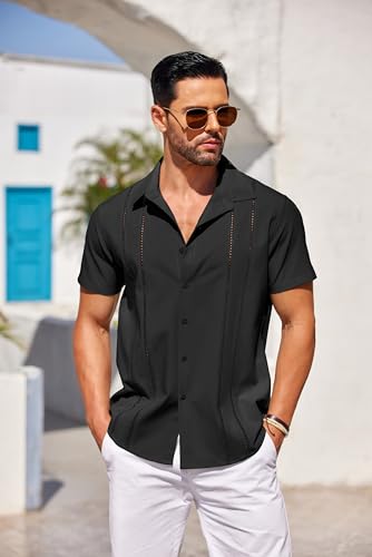 COOFANDY Men's Casual Dress Shirt Solid Short Sleeve Button Up Summer Shirts Cuban Shirt Black