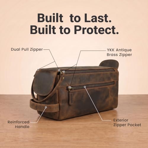 LEATHER VILLAGE Genuine Leather Toiletry Travel Bag For Men & Women, Brown