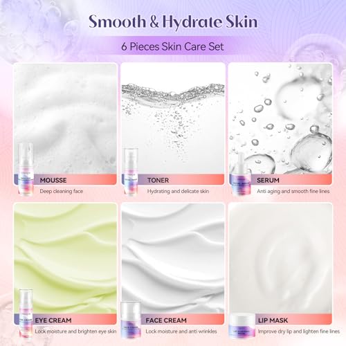 Collagen Retinol Skincare Set, 6 Pcs Anti-Aging Skin Care Set with Hydrating Cleanser, Eye Cream, Toner, Cream & Lip Mask, Facial Kit for Women, Birthday Gift for Her