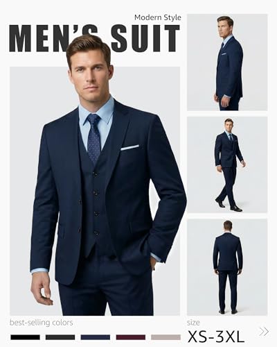 YND Men's Slim Fit 2 Button 3 Piece Suit Set, Blazer Jacket Vest Pants and Tie, Solid Wedding Dress Tux and Trousers Deep Blue