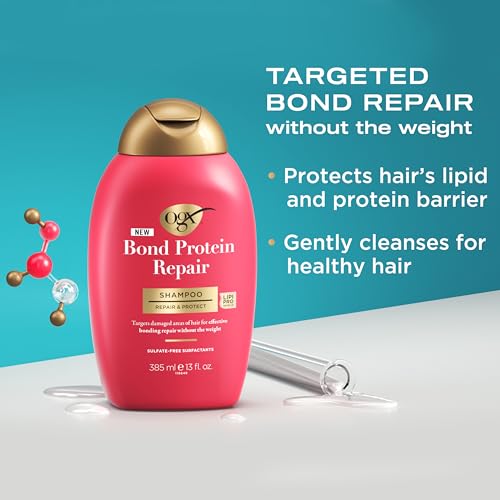 OGX Repair + Protect Bond Protein Repair Shampoo and Conditioner Set, targets damaged areas for bond protection, sulfate-free, hydrating care for color-treated, dry hair, 13 fl oz each (Pack of 2)