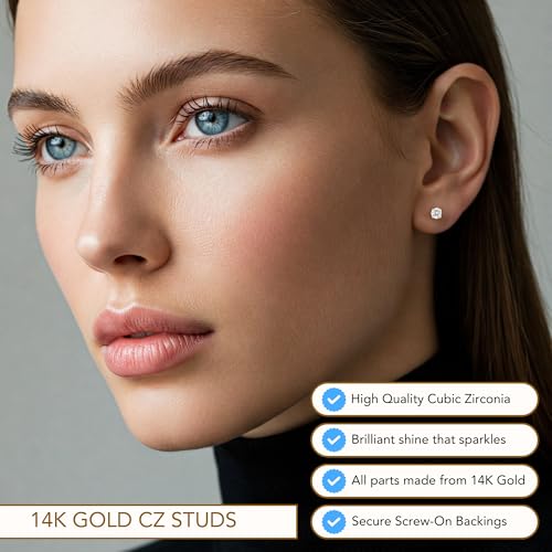 14k Yellow Gold Solitaire Round Cubic Zirconia Stud Earrings Screw-back 4mm