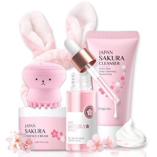 Skincare Set Sakura Teen Girls Gifts Christmas Birthday - Skin Care Set for girls Ages 8-12 - Hydrating Skincare for Teens 10-12 - Travel Size Facial Kit for Women with Cleanser,Bunny Headband（5pcs）