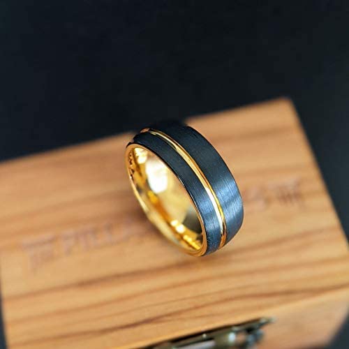 Yellow Gold Tungsten Rings for Men Wedding Band with Offset 14K Golden Groove Inlay 8mm Unique Domed Black Comfort Fit Anniversary Gifts for Him