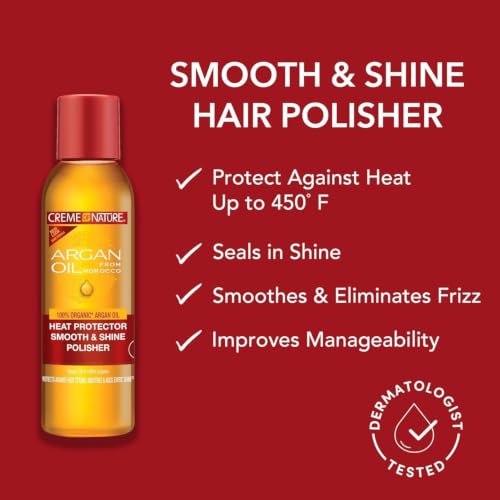 Creme of Nature Heat Protector Smooth & Shine Polisher, Seals Shine, Smooths Hair, Protects Up to 450°F, Infused with Argan Oil, 4 fl oz