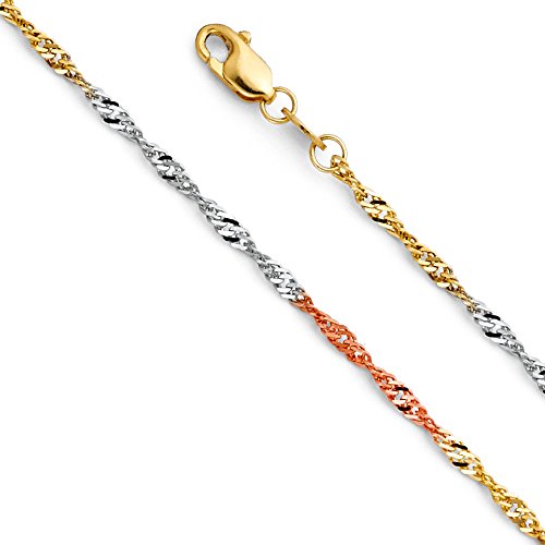 14k REAL Tri Color Gold Solid 1.2mm Singapore Chain Necklace with Spring Ring Clasp - 16"